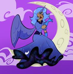 Size: 640x651 | Tagged: safe, artist:carconutty, derpibooru import, princess luna, human, alicorn humanization, clothes, cloud, crescent moon, cute, dark skin, dress, evening gloves, eyeshadow, female, gloves, gown, horn, horned humanization, humanized, long gloves, lunabetes, makeup, moon, night, one eye closed, open mouth, solo, winged humanization, wings, wink