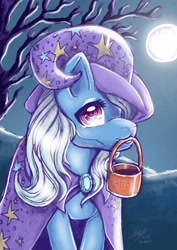 Size: 2480x3508 | Tagged: safe, artist:mrartly34, derpibooru import, trixie, pony, unicorn, female, halloween, holiday, moon, mouth hold, solo