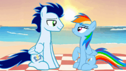 Size: 1920x1080 | Tagged: safe, artist:mlplary6, derpibooru import, rainbow dash, soarin', pegasus, pony, animated, beach, female, gif, heart, looking at each other, looking at someone, love, male, mare, picnic blanket, shipping, smiling, smiling at each other, soarindash, stallion, straight, sun, sunset, windswept mane