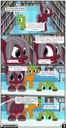 Size: 1519x2942 | Tagged: safe, artist:mrkm, derpibooru import, oc, oc:caramel star(mrkm), oc:cherry night, oc:hard sprocket, bat pony, unicorn, comic:synthesis, bat pony oc, book, colt, comic, crystal empire, dialogue, ear fluff, ears, eeee, fangs, female, foal, hooves on the table, horn, library, male, mare, mouth hold, offscreen character, pov, speech bubble, stairs, stallion, unicorn oc, unshorn fetlocks, wings