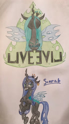 Size: 1824x3286 | Tagged: safe, artist:gracefulart693, derpibooru import, queen chrysalis, oc, changeling, changeling queen, bust, changeling queen oc, duo, female, grin, parent:queen chrysalis, smiling, spread wings, traditional art, wings
