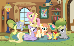 Size: 1672x1036 | Tagged: safe, artist:marbowsta, derpibooru import, derpy hooves, dinky hooves, fluttershy, oc, oc:apple cider, oc:apple song, oc:flutter butter, oc:stanley science, earth pony, pegasus, pony, baby, baby pony, base used, colt, female, filly, flower, flower in hair, fluttershy's cottage, fluttershy's cottage (interior), foal, levitation, lying down, magic, male, mare, offspring, older, older dinky hooves, parent:big macintosh, parent:derpy hooves, parent:doctor whooves, parent:fluttershy, parents:doctorderpy, parents:fluttermac, play date, prone, telekinesis
