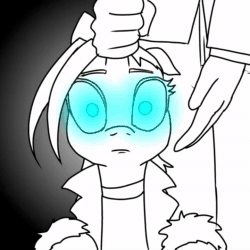 Size: 720x720 | Tagged: safe, artist:pony quarantine, edit, oc, oc only, oc:anon, oc:dyx, alicorn, human, pony, animated, bust, choker, clothes, female, filly, foal, glowing, glowing eyes, grayscale, jacket, male, monochrome, mp4, partial color, slapping, solo focus, sound, sound edit, vine
