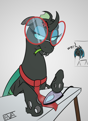 Size: 4000x5500 | Tagged: safe, artist:evan555alpha, queen chrysalis, oc, oc only, oc:yvette (evan555alpha), changeling, ladybug, evan's daily buggo ii, :i, broach, changeling oc, colored sketch, concentrating, dorsal fin, fangs, female, forked tongue, glasses, green tongue, iron, ironing, necktie, round glasses, signature, simple background, sketch, solo, solo focus, steam, text, thinking, tongue, tongue out, white background, wtf