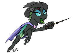 Size: 5500x4000 | Tagged: safe, artist:evan555alpha, oc, oc only, oc:yvette (evan555alpha), changeling, ladybug, evan's daily buggo ii, broach, cape, changeling oc, colored sketch, dorsal fin, elder wand, fangs, female, flying, forked tongue, green tongue, harry potter, heart, missing accessory, open mouth, open smile, raised hoof, raised leg, signature, simple background, sketch, smiling, solo, tongue, transparent background, witch hat