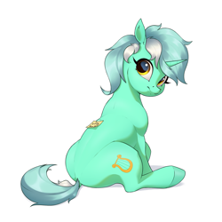 Size: 3200x3200 | Tagged: safe, artist:aquaticvibes, derpibooru import, lyra heartstrings, pony, unicorn, female, looking back, mare, note, silly, silly pony, simple background, sitting, solo, sticky note, white background