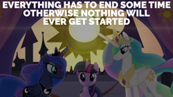 Size: 1920x1080 | Tagged: safe, derpibooru import, edit, edited screencap, editor:quoterific, screencap, princess celestia, princess luna, twilight sparkle, twilight sparkle (alicorn), alicorn, the summer sun setback, doctor who