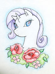 Size: 500x674 | Tagged: safe, artist:sheepingly, derpibooru import, rarity, pony, unicorn, bust, colored pencil drawing, flower, solo, traditional art