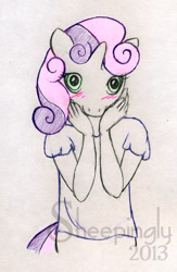Size: 563x866 | Tagged: safe, artist:sheepingly, derpibooru import, sweetie belle, anthro, unicorn, blushing, commission, hands on cheeks, solo, traditional art
