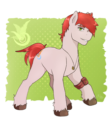 Size: 1370x1500 | Tagged: safe, artist:icy_passio, derpibooru import, oc, oc:canelo, earth pony, pony, design, earth pony oc, green eyes, jewelry, male, pendant, raised hoof, raised leg, red mane, simple background, solo, stallion, unshorn fetlocks