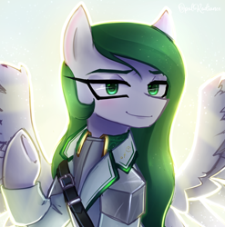 Size: 2268x2300 | Tagged: safe, artist:opal_radiance, derpibooru import, oc, oc only, oc:diandra greenline, pegasus, pony, eyebrows, female, high res, looking at you, mare, pegasus oc, smiling, smiling at you, solo, spread wings, wings