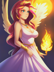 Size: 1020x1360 | Tagged: safe, derpibooru import, editor:sammykun, machine learning generated, sunset shimmer, human, angelic wings, bare shoulders, bracer, breasts, clothes, dress, female, fire, gold, humanized, jewelry, light skin, necklace, serious, serious face, simple background, skirt, sleeveless, solo, spread wings, sunset jiggler, white dress, wings