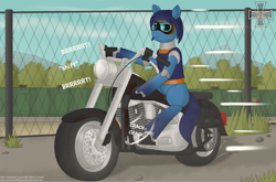 Size: 2514x1659 | Tagged: safe, artist:blued_cross31, derpibooru import, oc, oc:fridge, pony, robot, robot pony, female, fence, gun, motorcycle, movie reference, shotgun, solo, terminator, vehicle, weapon