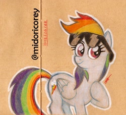 Size: 1100x1002 | Tagged: safe, artist:midoricorey, derpibooru import, rainbow dash, pegasus, pony, solo, traditional art