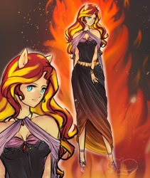 Size: 1732x2050 | Tagged: safe, artist:tatsuk01, artist:tatsuk0arts, derpibooru import, sunset shimmer, human, clothes, dress, eared humanization, female, fire, humanized, solo