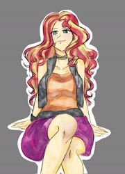 Size: 1471x2048 | Tagged: safe, artist:tatsuk01, artist:tatsuk0arts, derpibooru import, sunset shimmer, human, anime, clothes, crossed legs, female, gray background, knees, legs, outline, shirt, shoes, simple background, skirt, solo, white outline