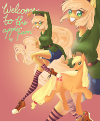 Size: 780x944 | Tagged: safe, artist:tatsuk0arts, derpibooru import, applejack, earth pony, human, pony, clothes, eared humanization, female, grin, human ponidox, humanized, self paradox, self ponidox, shorts, smiling, socks, striped socks, zoom layer