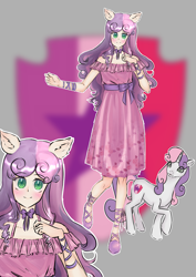 Size: 780x1103 | Tagged: safe, artist:tatsuk0arts, derpibooru import, sweetie belle, human, pony, unicorn, clothes, cutie mark background, dress, eared humanization, female, human ponidox, humanized, self paradox, self ponidox