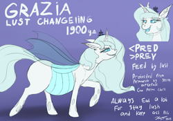 Size: 2388x1668 | Tagged: safe, artist:xyi, derpibooru import, oc, oc:grazia, changeling, ice changeling, lust changeling, reference sheet