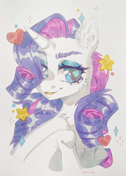 Size: 2259x3135 | Tagged: safe, artist:eiirine, derpibooru import, rarity, pony, unicorn, big eyes, bust, cute, ear fluff, ears, female, fluffy mane, heart, heart eyes, looking sideways, mare, marker, marker drawing, open mouth, portrait, raribetes, shiny, simple background, smiling, stars, traditional art, white background, wingding eyes