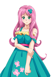 Size: 1158x1637 | Tagged: safe, artist:meielf, derpibooru import, fluttershy, human, equestria girls, clothes, cute, dress, explicit source, female, fluttershy boho dress, human coloration, kotobukiya, kotobukiya fluttershy, shyabetes, simple background, solo, white background