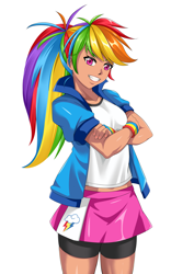 Size: 1158x1637 | Tagged: safe, artist:meielf, derpibooru import, rainbow dash, human, clothes, crossed arms, explicit source, female, humanized, kotobukiya, kotobukiya rainbow dash, legs, masculine, moderate dark skin, simple background, skirt, solo, white background