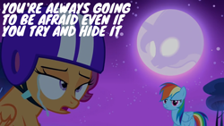 Size: 1920x1080 | Tagged: safe, derpibooru import, edit, edited screencap, editor:quoterific, screencap, princess luna, rainbow dash, scootaloo, sleepless in ponyville, crying, helmet, moon