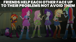 Size: 1920x1080 | Tagged: safe, derpibooru import, edit, edited screencap, editor:quoterific, screencap, applejack, fluttershy, pinkie pie, rainbow dash, rarity, sunset shimmer, twilight sparkle, equestria girls, rainbow rocks, doctor who, humane five