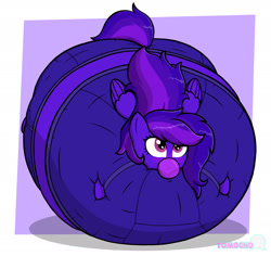 Size: 1800x1700 | Tagged: safe, artist:tomocho, derpibooru import, oc, oc only, oc:emilia starsong, pegasus, pony, abstract background, belly, belly bed, blueberry inflation, blushing, bubblegum, charlie and the chocolate factory, clothes, food, gum, impossibly large belly, inflation, passepartout, pegasus oc, spherical inflation, tracksuit, violet beauregarde, willy wonka and the chocolate factory