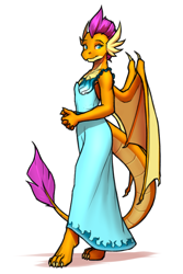 Size: 2000x3000 | Tagged: safe, artist:mykegreywolf, derpibooru import, smolder, anthro, digitigrade anthro, dragon, blue dress, clothes, dragoness, dress, female, looking at you, simple background, smolder also dresses in style, solo, white background