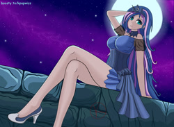 Size: 1280x937 | Tagged: safe, artist:kpapwiss, derpibooru import, princess luna, human, breasts, clothes, crown, dress, female, humanized, jewelry, kotobukiya, kotobukiya princess luna, legs, looking at you, moon, regalia, shoes, simple background, smiling, solo