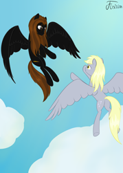 Size: 2999x4200 | Tagged: safe, artist:finirim, derpibooru import, derpy hooves, oc, oc:wolfwood gloom, pegasus, pony, cloud, female, flying, male, mare, pegasus oc, shipping, sky, smiling