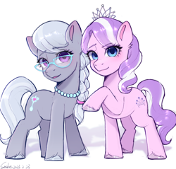Size: 2048x1958 | Tagged: safe, artist:xiaowu07, derpibooru import, diamond tiara, silver spoon, earth pony, pony, braid, braided ponytail, cute, duo, female, filly, foal, glasses, jewelry, looking at you, necklace, ponytail, raised hoof, raised leg, simple background, tiara, unshorn fetlocks, white background