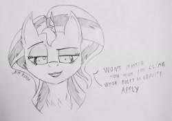 Size: 2297x1604 | Tagged: safe, artist:just rusya, derpibooru import, sunset shimmer, unicorn, bust, eyebrows, fangs, lidded eyes, looking at you, looking down, looking down at you, offscreen character, open mouth, pencil drawing, portrait, pov, raised eyebrow, smiling, smirk, solo, traditional art