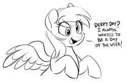 Size: 1102x721 | Tagged: safe, artist:higglytownhero, derpibooru import, derpy hooves, pegasus, pony, cute, derpabetes, derpy day, dialogue, eye clipping through hair, eyebrows, eyebrows visible through hair, female, grayscale, mare, monochrome, open mouth, simple background, solo, spread wings, talking, white background, wings