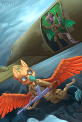 Size: 3090x4582 | Tagged: safe, artist:foxpit, derpibooru import, oc, bat pony, griffon, bat pony oc, clothes, flying, griffon oc, gun, plane, weapon, wings