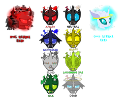 Size: 1459x1243 | Tagged: artist needed, safe, derpibooru import, centaur, changeling, taur, angry, blind, blue changeling, chess, dead, demon horns, emotions, green changeling, happy, horns, icon, karma, neutral, oddworld, red changeling, sad, sick, yellow changeling