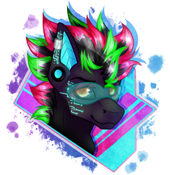 Size: 1361x1402 | Tagged: safe, artist:chvrchgrim, derpibooru import, oc, oc:krypt, pegasus, pony, abstract background, augmented, black sclera, bust, cybernetic eyes, cybernetic pony, cyberpunk, ear piercing, eyebrows, gauges, male, multicolored hair, neon, pegasus oc, piercing, portrait, smiling, smirk, solo, visor, windswept mane