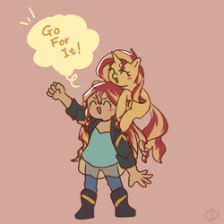 Size: 1280x1280 | Tagged: safe, artist:metaruscarlet, derpibooru exclusive, derpibooru import, sunset shimmer, human, pony, unicorn, blushing, boots, clothes, cute, dress, duo, eyes closed, female, humanized, jacket, leather, leather jacket, mare, motivational, open mouth, pants, ponies riding humans, positive message, positive ponies, riding, self paradox, self ponidox, shimmerbetes, shoes