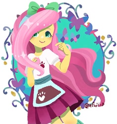 Size: 704x747 | Tagged: safe, artist:efuji_d, derpibooru import, fluttershy, butterfly, human, equestria girls, apron, blushing, bow, clothes, cute, female, hair bow, looking at you, shyabetes, signature, simple background, skirt, smiling, smiling at you, solo, white background