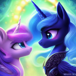 Size: 1024x1024 | Tagged: safe, derpibooru import, generator:stable diffusion, machine learning generated, princess flurry heart, princess luna, alicorn, pony, blushing, duo, female, looking at each other, looking at someone, mare, older, older flurry heart, smiling, smiling at each other