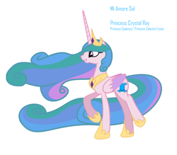 Size: 2873x2513 | Tagged: safe, artist:harmonicdreemur1308, derpibooru import, princess cadance, princess celestia, pony, grin, hoof shoes, jewelry, peytral, raised hoof, raised leg, simple background, smiling, solo, tiara, white background