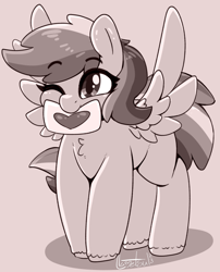 Size: 726x897 | Tagged: safe, artist:llametsul, derpibooru import, rainbow dash, pegasus, pony, cute, female, mare, monochrome, mouth hold, one eye closed, simple background, solo, spread wings, wings