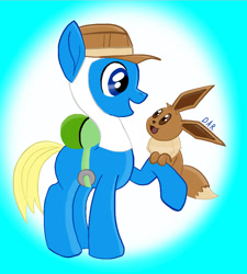 Size: 750x832 | Tagged: safe, artist:gracefulart693, derpibooru import, oc, oc:finn the pony, earth pony, pony, abstract background, adventure time, backpack, duo, eevee, hat, pokémon, raised hoof, raised leg