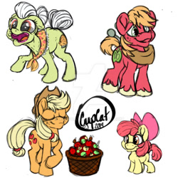 Size: 900x900 | Tagged: safe, artist:xcupcatx, derpibooru import, apple bloom, applejack, big macintosh, granny smith, earth pony, pony, apple, bucket, deviantart watermark, female, filly, foal, food, male, mare, obtrusive watermark, simple background, stallion, watermark, white background