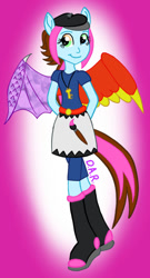 Size: 537x998 | Tagged: safe, artist:gracefulart693, derpibooru import, equestria girls, abstract background, boots, clothes, equestria girls-ified, female, hat, jewelry, necklace, shoes, skirt, smiling, solo, wings