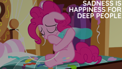 Size: 1920x1080 | Tagged: safe, derpibooru import, edit, edited screencap, editor:quoterific, screencap, pinkie pie, pinkie pride, balloon, bed, deflation, solo, sugarcube corner