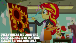 Size: 1920x1080 | Tagged: safe, derpibooru import, edit, edited screencap, editor:quoterific, screencap, sunset shimmer, velvet sky, watermelody, wiz kid, eqg summertime shorts, equestria girls, the art of friendship, doctor who