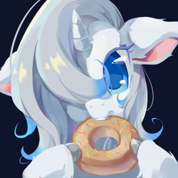 Size: 1080x1080 | Tagged: safe, artist:malt cat, derpibooru import, oleander, unicorn, them's fightin' herds, black background, community related, donut, eating, female, food, hoof hold, looking at you, pure oleander, simple background, solo