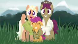 Size: 3840x2160 | Tagged: safe, artist:dtcx97, derpibooru import, mane allgood, scootaloo, snap shutter, earth pony, pegasus, pony, clothes, cute, cutealoo, explicit source, eyes closed, family, family photo, father and child, father and daughter, female, filly, foal, grass, hat, looking at you, male, mare, mother and child, mother and daughter, parent and child, shirt, smiling, stallion, trio, unshorn fetlocks